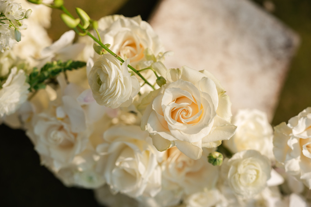 Close-up of an ivory rose and ranunculus arrangement